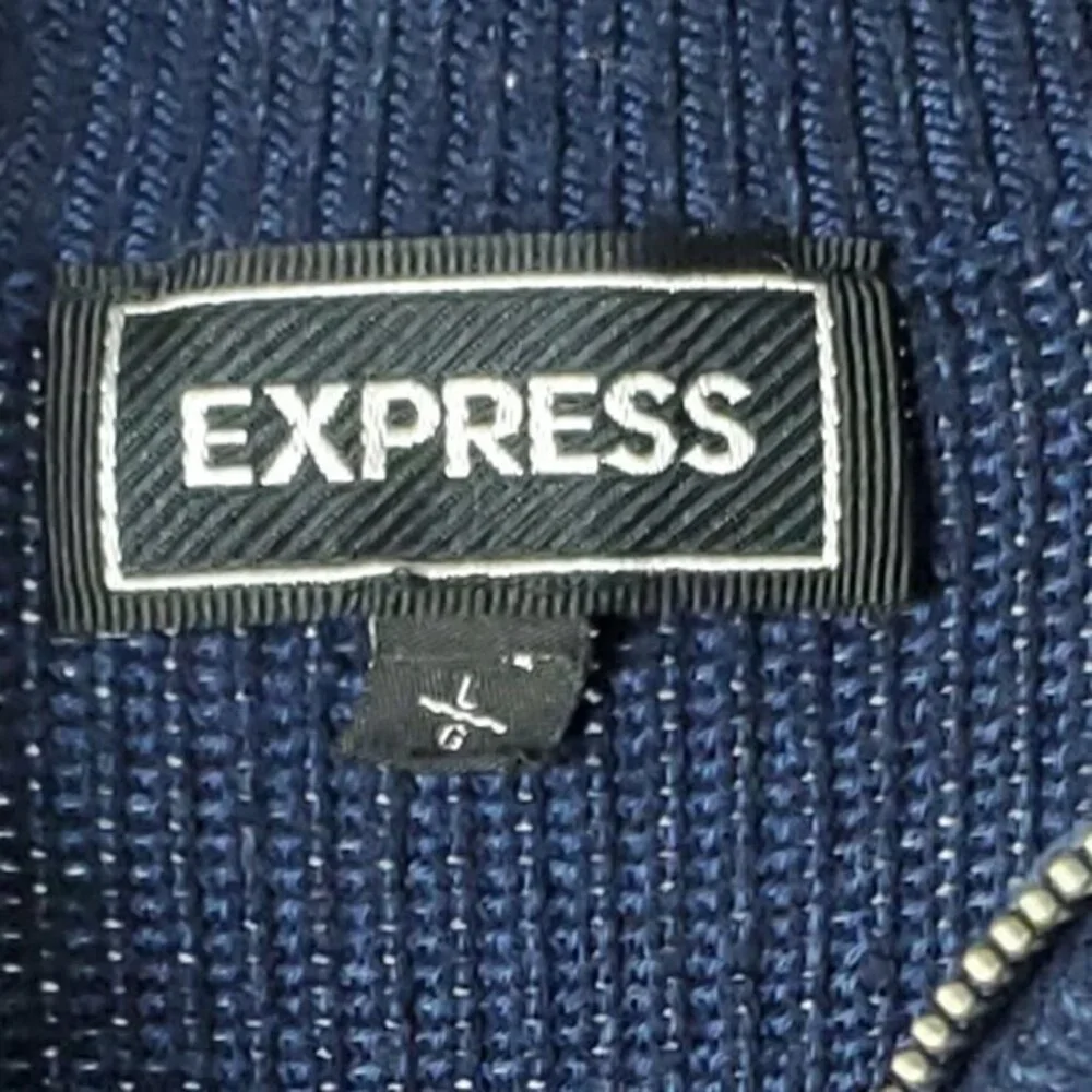 Men's Express 100% Cotton Quarter Zip Rib Raglan Sleeve Sweater Large Blue